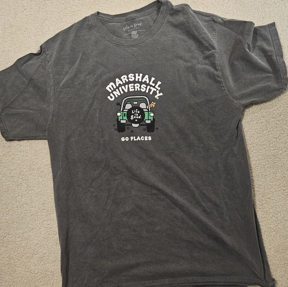 Life Is Good Gray MARSHALL UNIVERSITY T-Shirt with Green Car Graphic SIZE MEDIUM